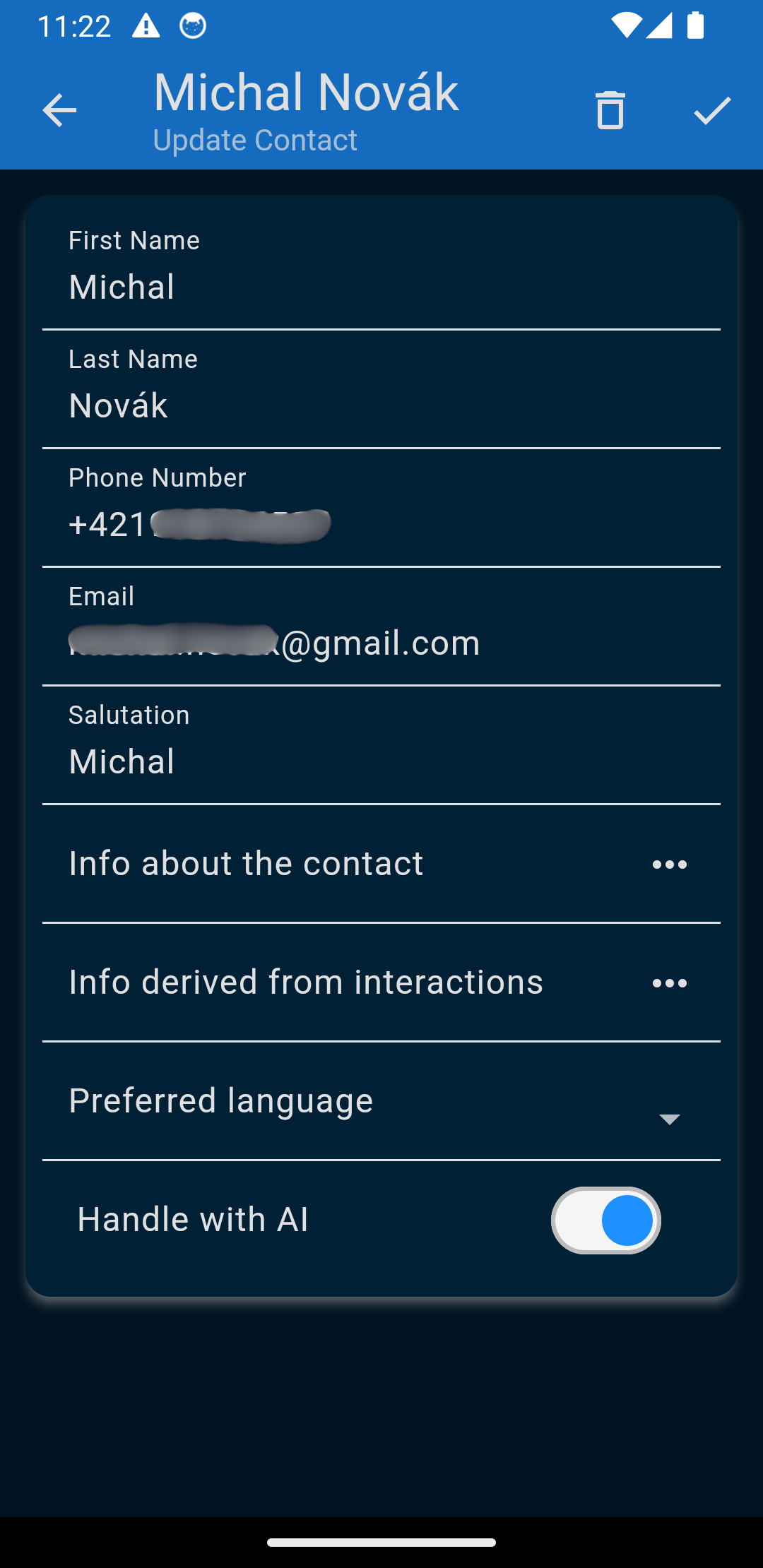 Contact editing interface with AI calling preferences