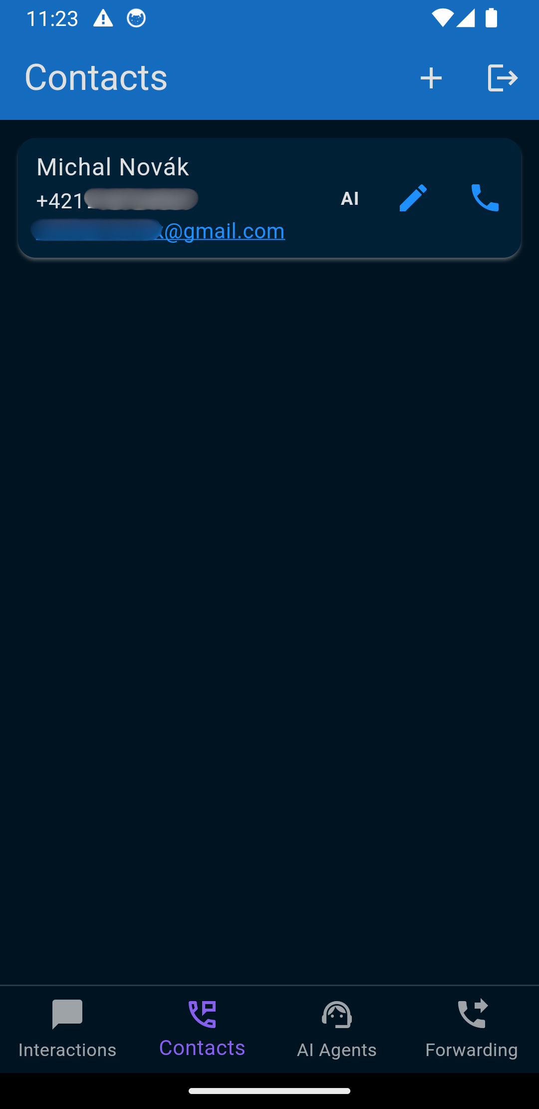 Contacts screen showing integrated AI capabilities