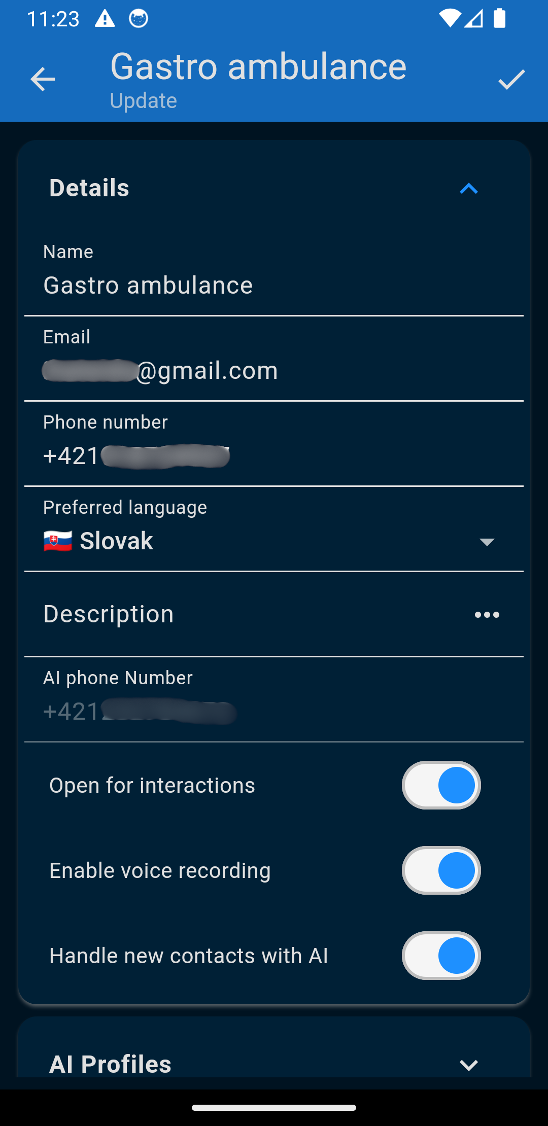 AI agent configuration screen with profile settings