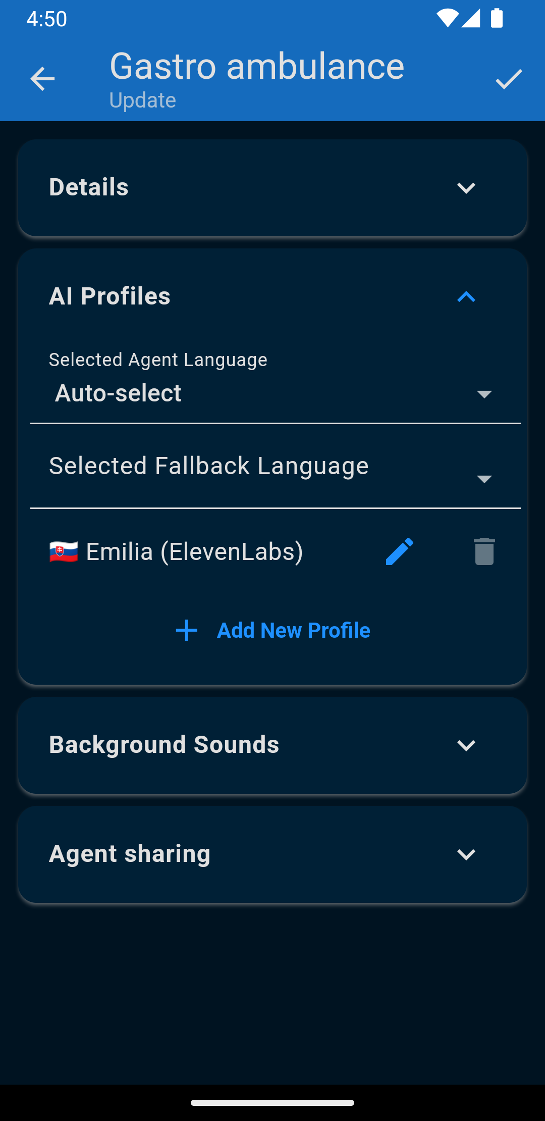 AI profiles screen with voice selection options