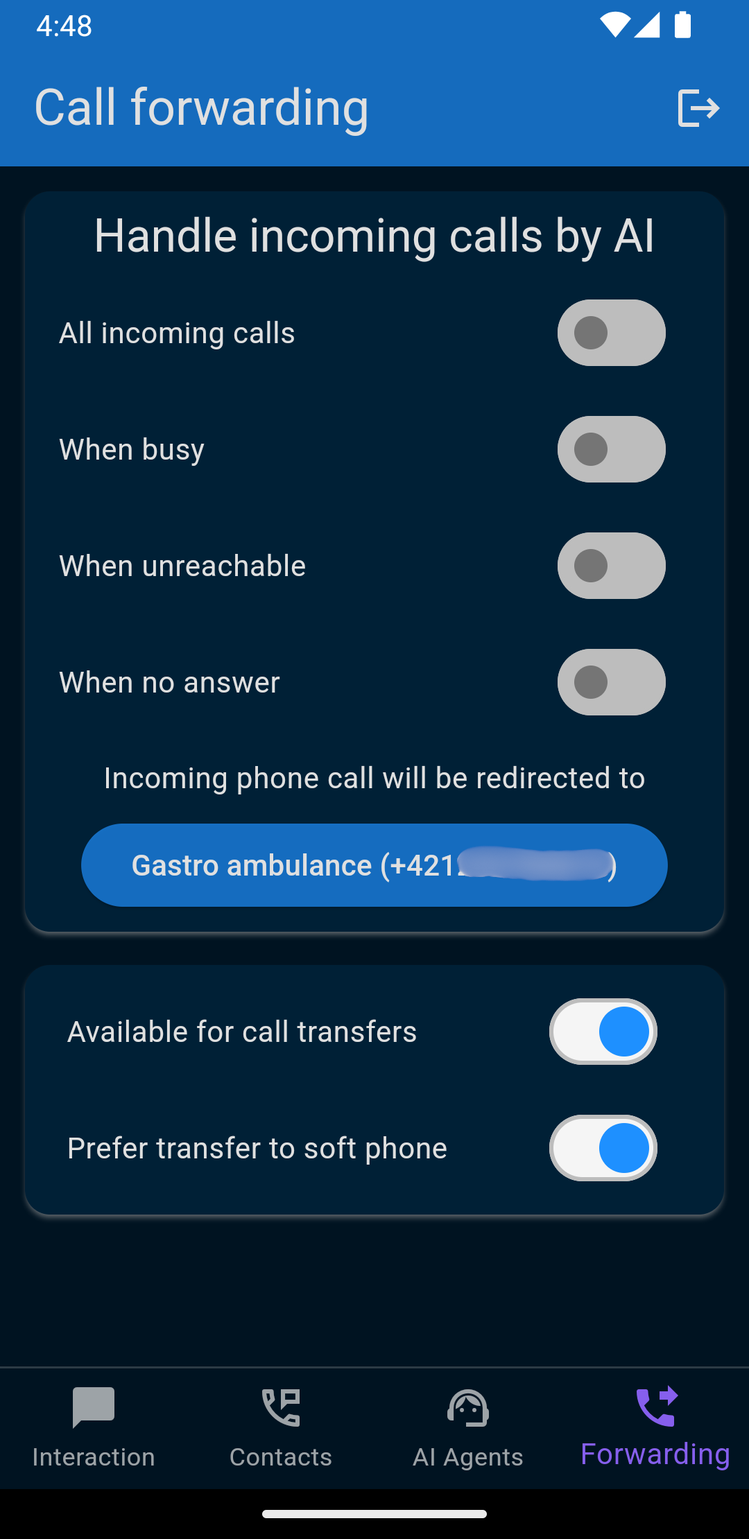 Call forwarding settings screen with AI handling options